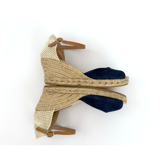 Kanna Espadrille Sandals 8 Blue Suede Peep-Toe Ankle Strap Jute Wedge Spain - Picture 12 of 15